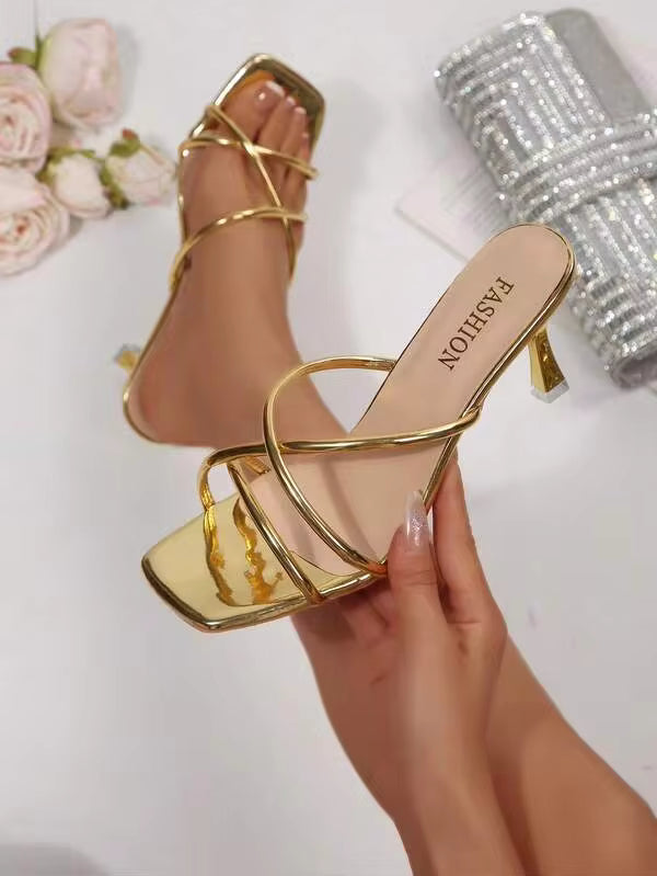 New Plus Size Women Comfortable Minimalist Criss-Cross Open Toe Square Toe Leather High Heel Sandals, Versatile Casual Chic Outdoor Beach Summer Shoes