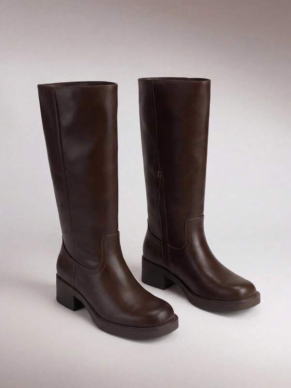 Womens Square Toe Chunky Block Heel Knee High Boots Banana Campus Boots For Women Casual Comfortable Low Heel Side Zipper Riding Tall Boots